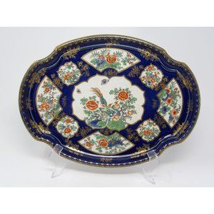 Antique Cobalt Blue Porcelain Platter w Pheasants Birds Orange Blue Flowers Flor